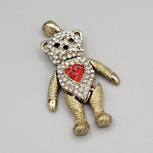 Jointed Teddy Bear Pendant With Center Red Heart Crystals Gold Tone Metal 1 3/4"